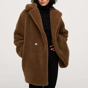 NWT Mango Faux Shearling Oversized Coat in Brown size Medium